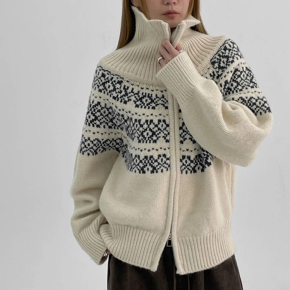 

Autumn Winter New Fashion Knitted Zipper Cardigan Women Retro Jacquard Long Sleeve Sweater Casual Loose Knit Lapel Outerwear Top