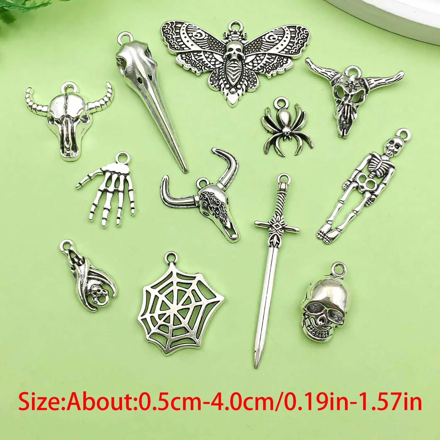 10/12pcs Halloween Decorate Charms Alloy Skull moth,Spider,Bull Head,bat Pendants for DIY Jewelry Making Accessories