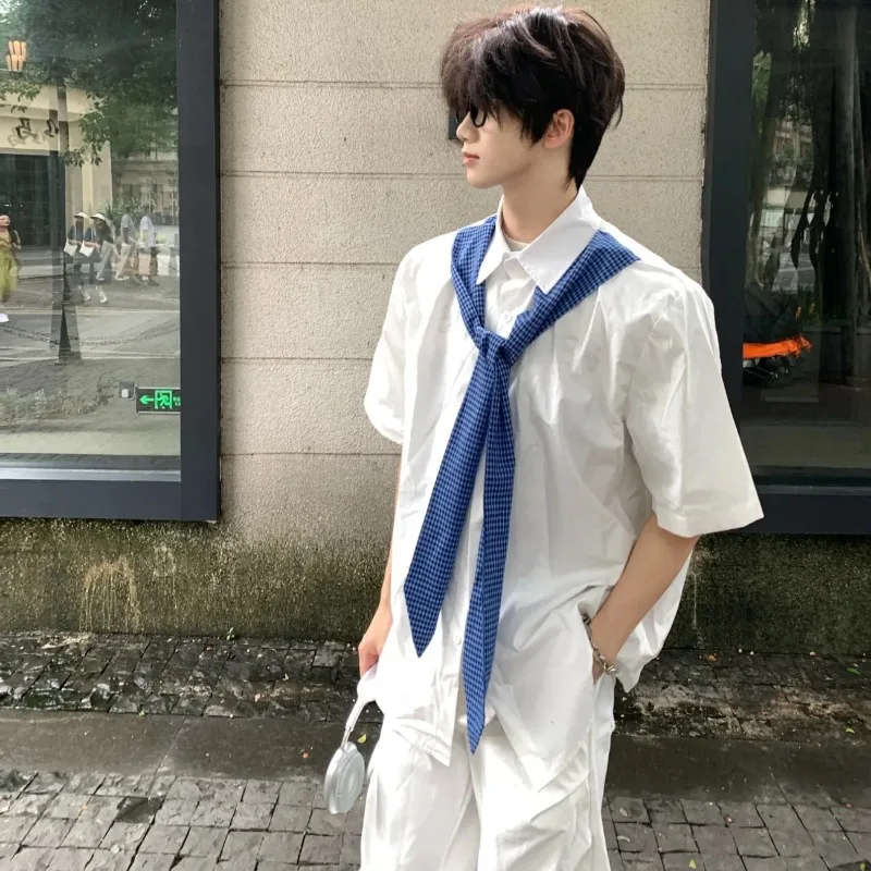 Unisex American College Plaid Shawl Patchwork Short Sleeve Shirt Loose Oversized Casual Top S 4XL