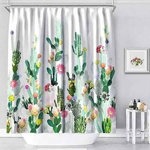 Cactus Flower Shower Curtain Set Tropical Succulent Decorative