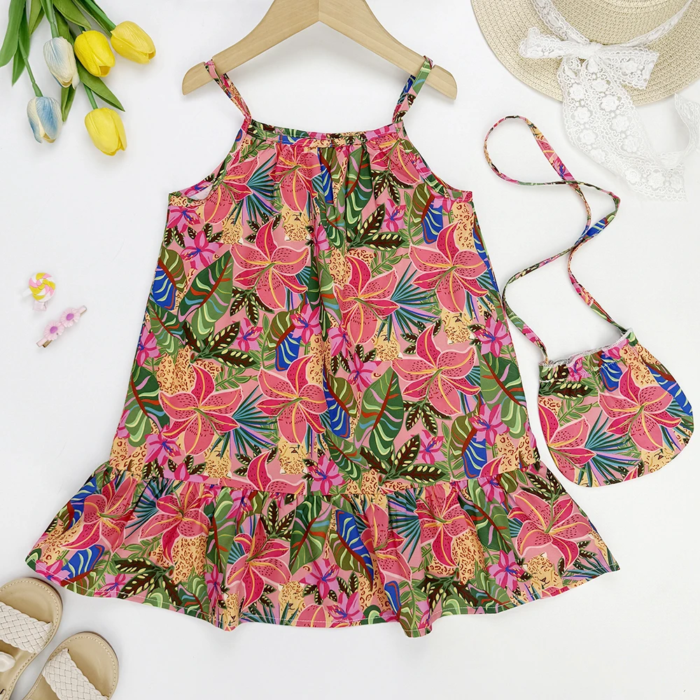 Bear Leader Fashion Girls Casual Dresses Summer Seaside Vacation Kids Clothes Pink Flower and Leaf Print Suspender Dress + Bag