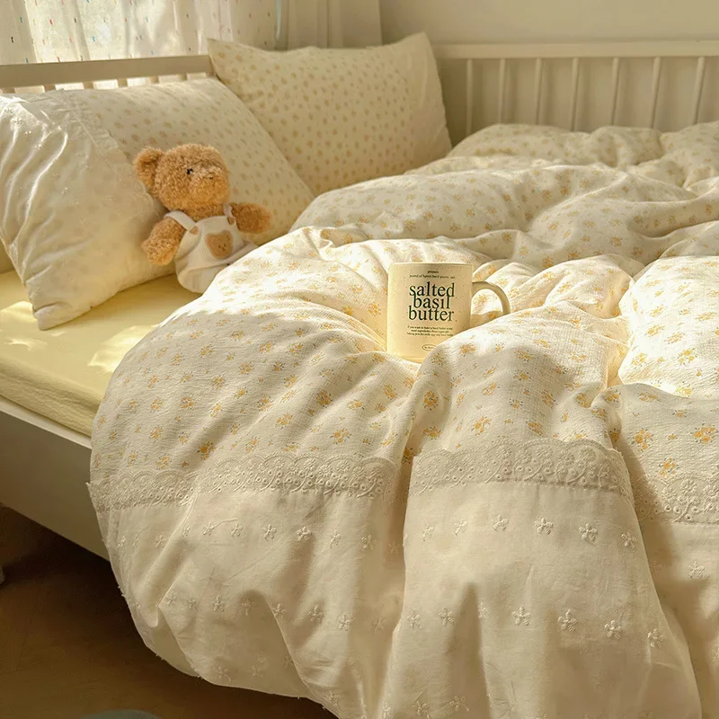 Class A double gauze bed four-piece set of girly heart lace lace sheets and quilt cover dormitory three-piece set