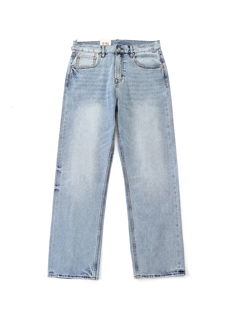 

Retro American Clean Fit Ice Blue Slim Straight Leg Jeans Distressed Washed Denim Red Ear Cotton Blend Summer Youth Fashion