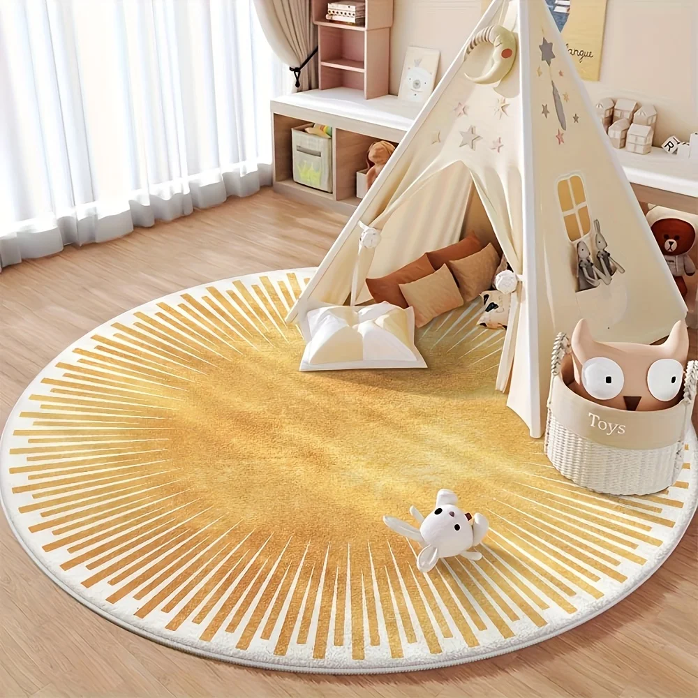 Cute Round Sunburst Geometric Area Rug Fluffy Plush Low Pile Mat for Living Room Bedroom Boho Style Accent Decor Carpet