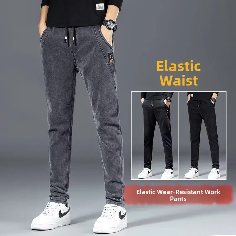 

Men's Workwear Jeans Slim Fit Straight Leg Elastic Wear Resistant Spring Season Cotton Stretch Denim Pants Multi Pockets Yout...