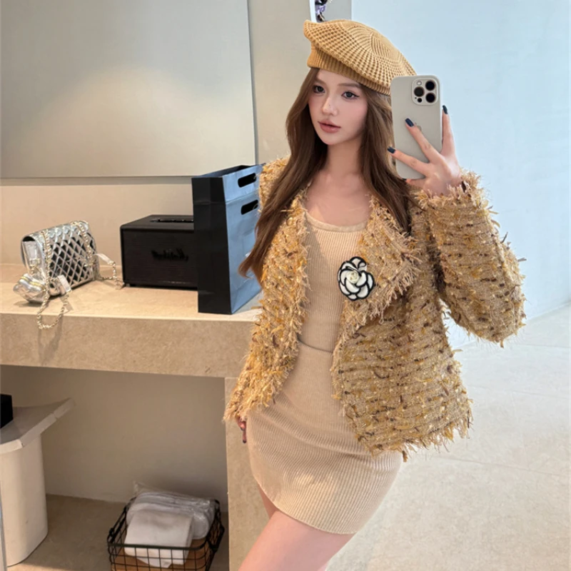 French Socialite Style Lapel Woven Jackets 2024 Autumn New High-end 3D Flower Short Coats Elegant Ladies Casual Tweed Jackets