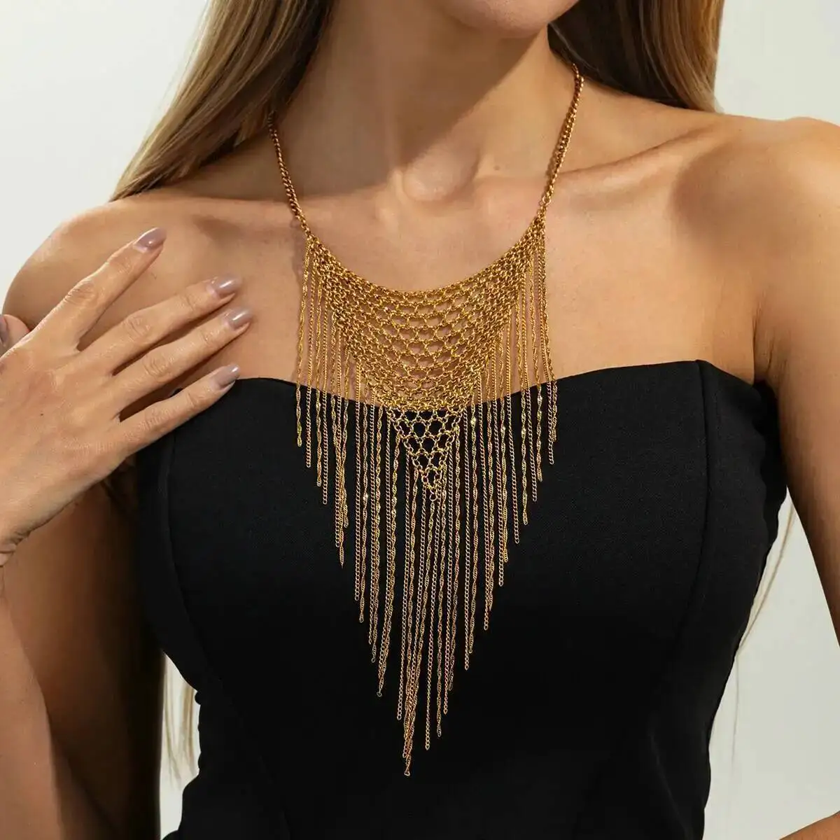 IngeSight.Z Exaggerated Trendy Design Woven Mesh Clavicle Chain Multilayer Long Tassel Women Necklace Geometric Chain Jewelry