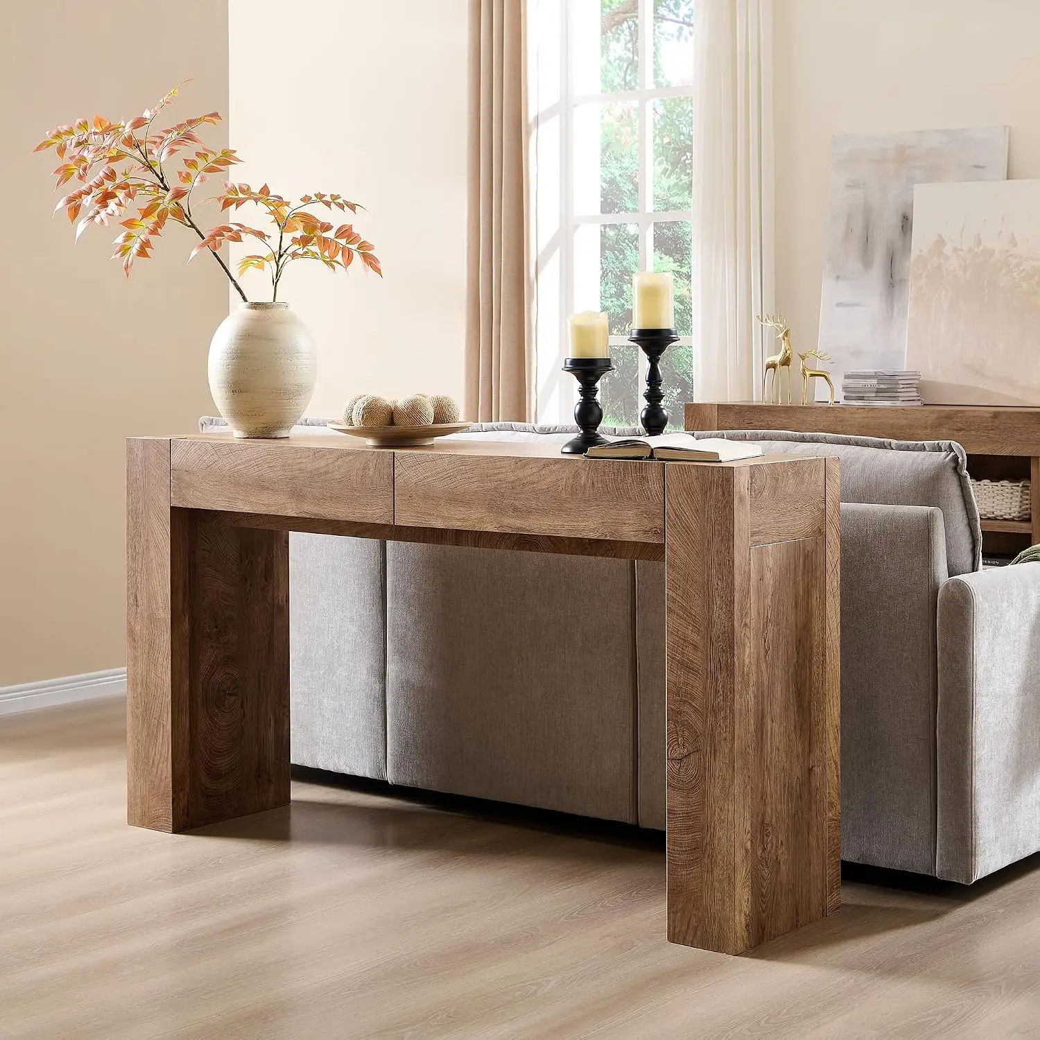 63‑Inch Light‑Oak Farmhouse Console Table with Storage Drawers, Thick‑Frame Narrow Accent Table for Entryway, Hallway and Living‑Room view 6