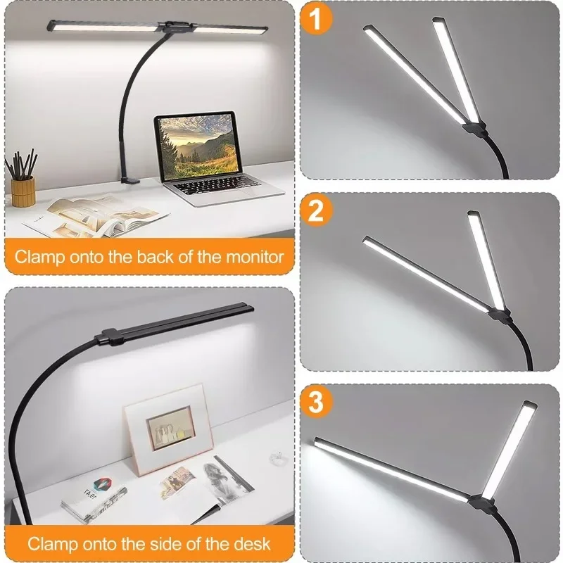 Cabeça dupla led lâmpada de mesa flexível tubo pescoço de ganso com clipe luz de preenchimento 10 níveis ajustável proteção para os olhos lâmpada de mesa luz