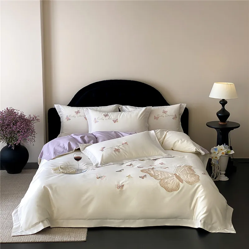 

Luxury White Butterfly Embroidery Egyptian Cotton ﻿Bedding Set, Duvet Cover, Linen Fitted Sheet, Pillowcases, Home Textile