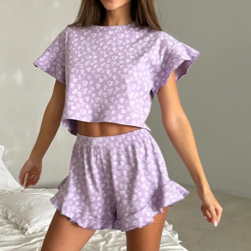 

Summer Short Sets Women's Pajamas Set O Neck Tee & Shorts Sleepwear 2 Pieces Print Nightwear Elastic Ruffles Homewear Cloth