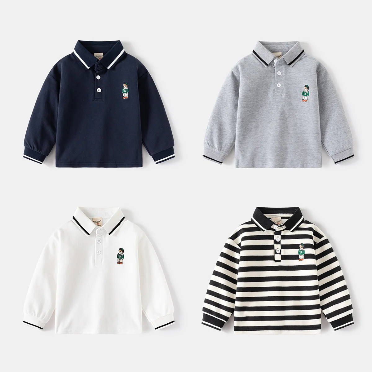 Boys Polo Shirts Long Sleeve 100Cotton Spring Autumn Kids Clothes Cute Bear Boutique Toddler Boy Polo Shirt 1 to 2 3 4 5 6 Years
