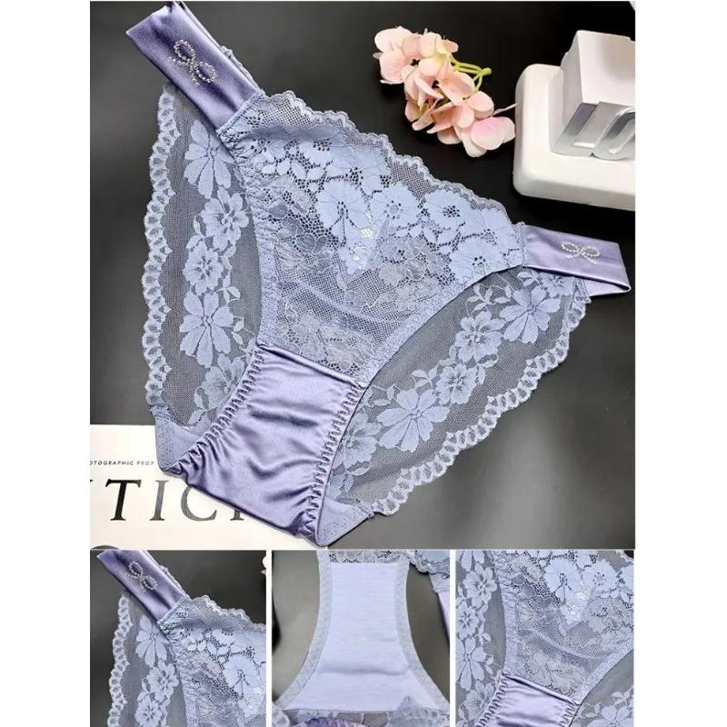 French Light Luxury Sexy Lace Briefs Thin Strap Diamond Trim Seamless Women\'s Underwear Pure Cotton Comfortable Fashion Panties