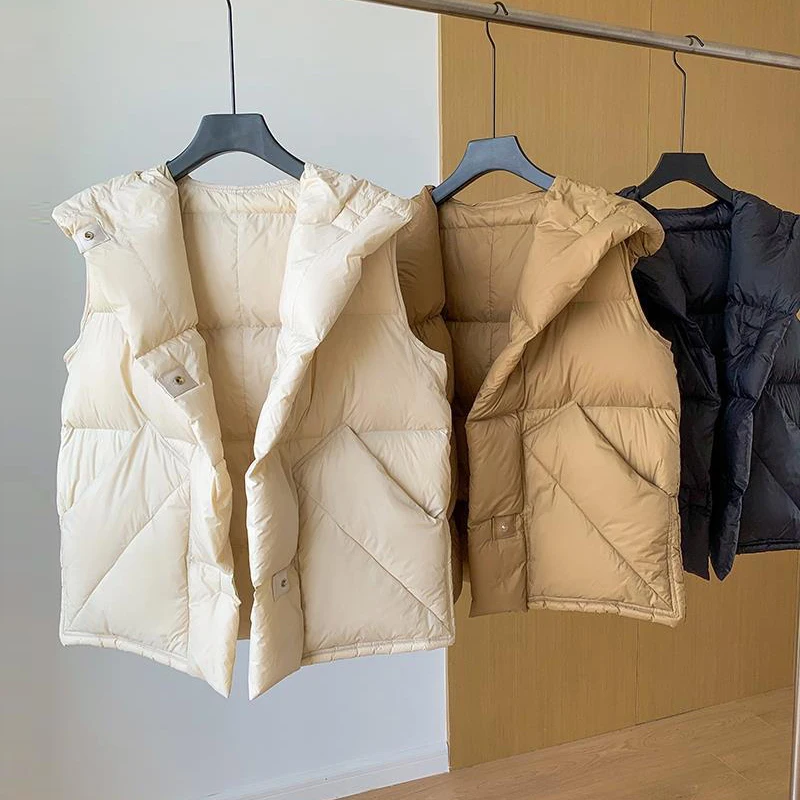 

White Du down Vest Thiened Loose Women's Faion Bread Clothes Hidden Button Soft Cozy Du Feather Jaet Hooded