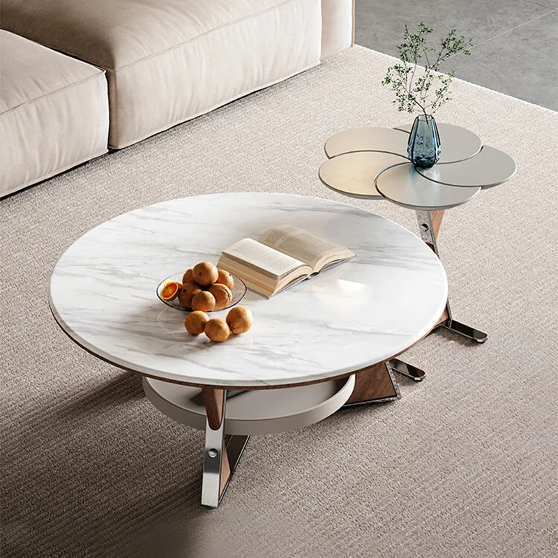 

Modern Living Room Coffee Table Set with Hanging Storage Tray Round Center Table Sets for Office Stainless Steel Side Table