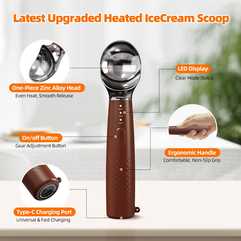 

Heated Ice Cream Scoop Spoon, 3 Temperature Settings 120°F/140°F/160°F, 2600mAh Rechargeable, IPX6 Waterproof, Easy Scooping