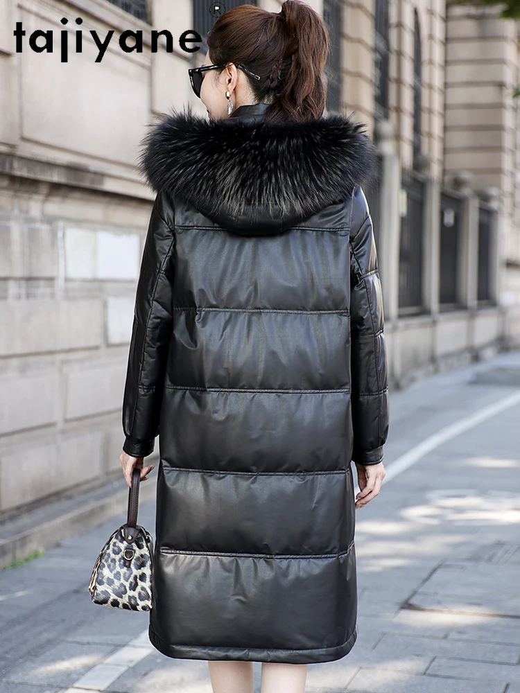 TAJIYANE 100% جلد البقر أوزة أسفل معطف مقنع أسود طويل الجلد الحقيقي سترة منفوخة النساء الراكون الفراء طوق ملابس الشتاء 2025 #5