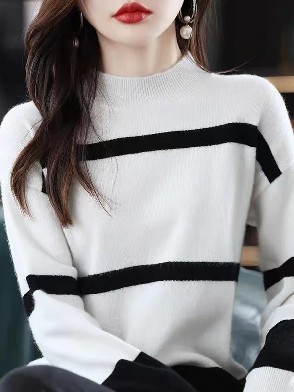 여성용 루즈핏 울 베이스 셔츠 니트 스웨터 가을 겨울 블랙 화이트 스트라이프 루즈핏 울 탑 편안한 긴팔