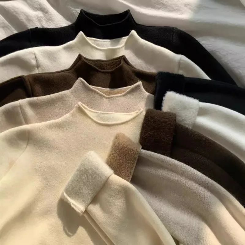 2026 Classic Soft Fleece-Lined Half Turtleneck Knit Base Layer Top Autumn Winter Warm Slim Fit Solid Color Long Sleeve Sweater