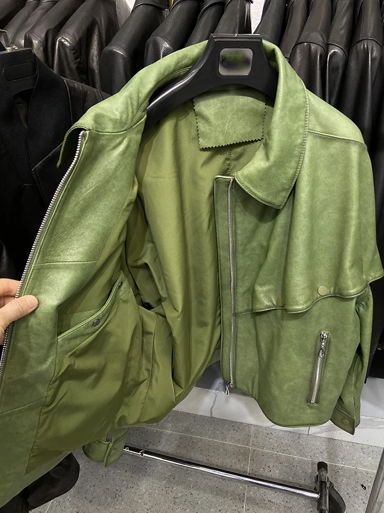 Chaqueta especial de piel de oveja auténtica para mujer, abrigo de cuero Real verde suelto, chaqueta negra, primavera y otoño