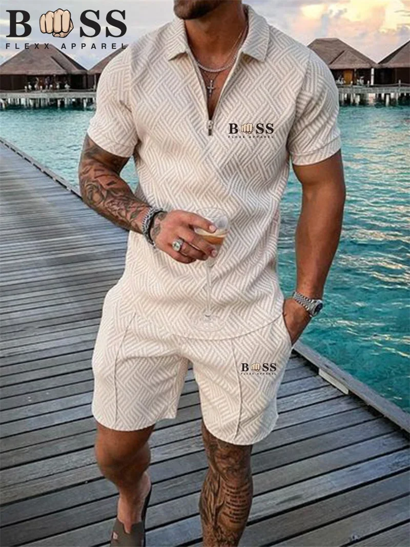 2024New 3D Men's Polo Set Fashion and Casual Men's Solid Color Summer V-neck Zipper Short Sleeve Polo Shirt+Shorts Men's Set