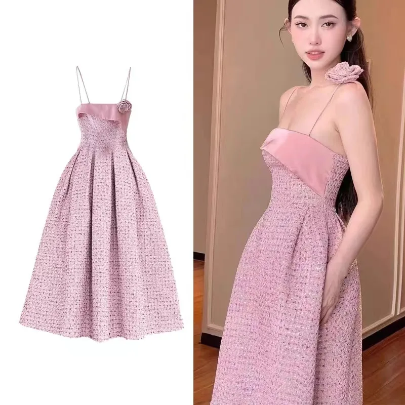 Luxury High Quality Summer Women Tweed Wedding Formal Occasion Sequined Pink Brooch Spaghetti Strap Party Evening Dresses