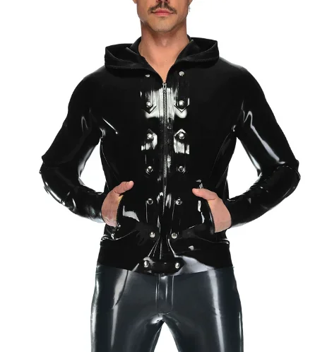 

100%Latex Rubber Gummmi Black jacket Hoodie role play party hand customized 0.4mm XS-XXL Masquerade ball