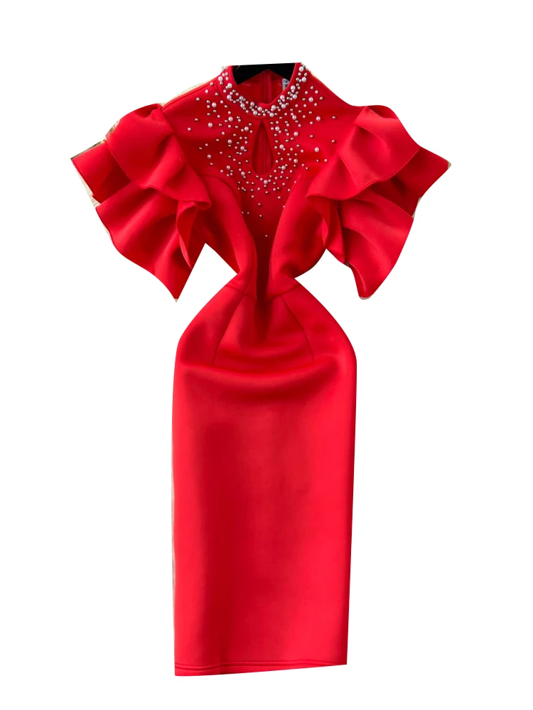 ثوب مسائي أحمر نسائي فاخر مجوف من Sve الخصر Cinched بقصة ضيقة وخصر عالٍ على شكل حرف a Dr Korean Sle