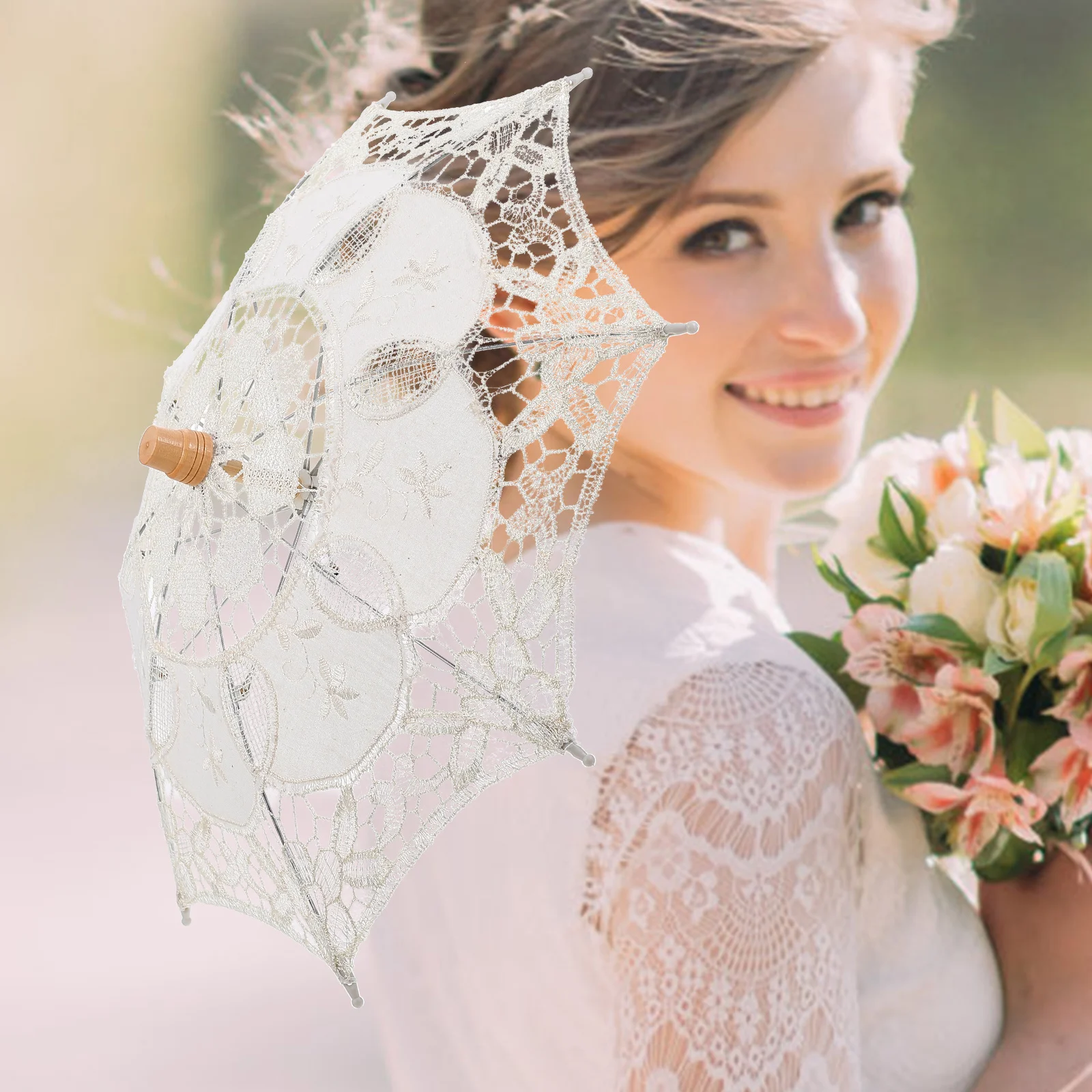 

Lace Wooden H Umbrella Elegant Parasol Vintage White Wedding Photography Props Decorative Umbrella for Tea Party Girls