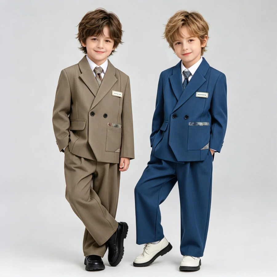

Boys Double Breasted Suit Set Plaid Patch Decor Blazer Shirt Tie Pants for Kids Daily Wear School Wedding Birthday Outfit 8-12 Y