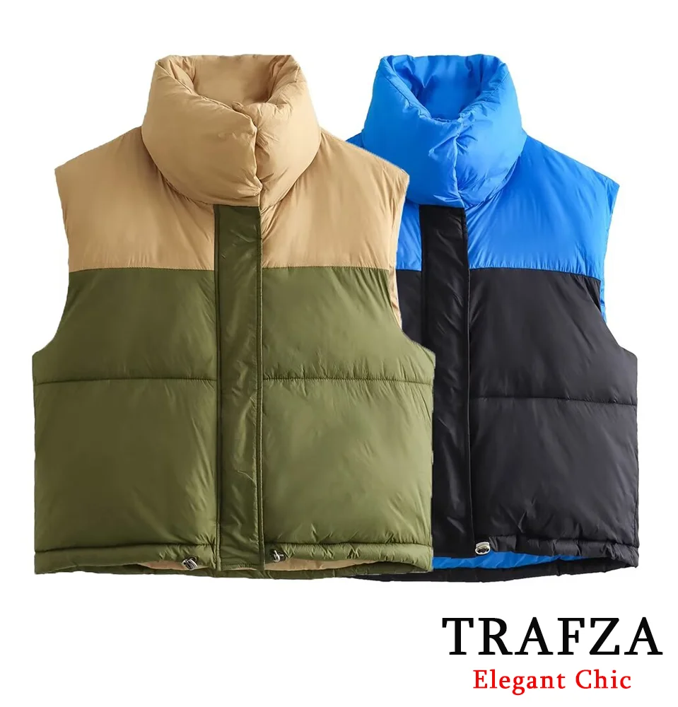 TRAFZA Women Fall Winter Clashing Color Vest Zipper Buttons High-Collar Winter Vest New 2024 Fashion Thick Vest