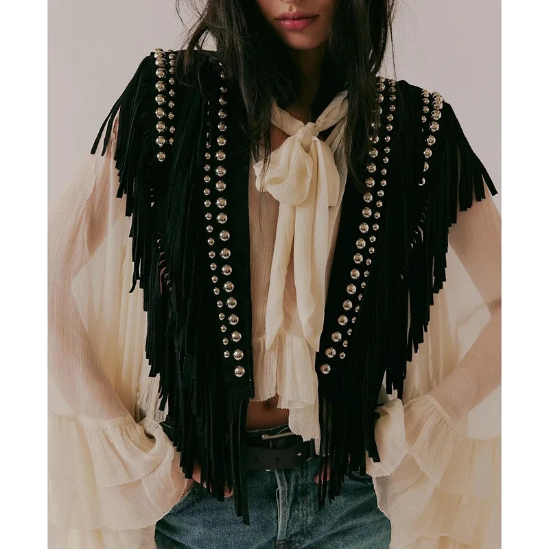 70s Vintage Women's Y2k Vintage Studded Suede Vest Coat Hippie Outfits Sleeveless Open Front Tassel Patchwork Vest Collar