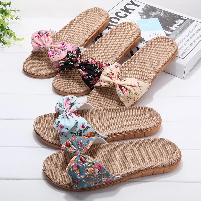 

Maogu Flax Indoor Home House Female Shoes Linen Bow Sandals for Women 2024 Flat Flip Flops Footwear Women's Summer Slippers 39