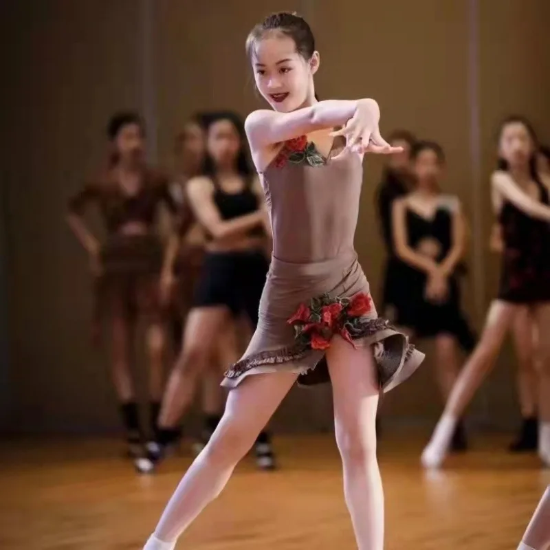 여아 프리미엄 라틴 댄스복 자수 장미 어린이 대회 의상 공연복 신상품