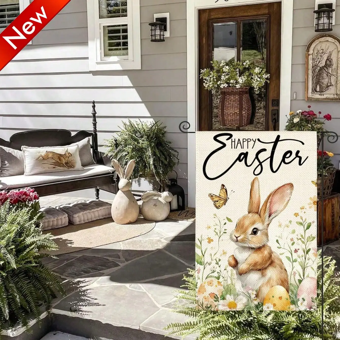 

Пасхальный весенний двусторонний садовый флаг 12x18 дюймов с вертикальным изображением счастливого кролика, цветочным деревенским дизайном и красочными пасхальными яйцами