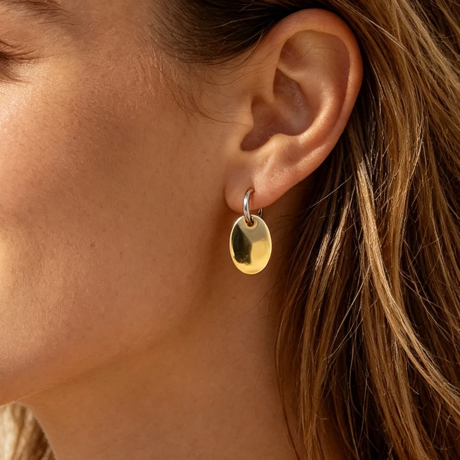 Two Tone 316 Stainless Steel Oval Disc Hoop Earrings Blank Engravable Minimalist Dangle Earrings For Women Daily Fashion Jewelry