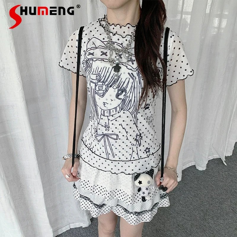

Japanese 2D Polka Dot Anime Print T-shirt Spring Summer Student Kawaii Black White T-shirt Spring and Summer New Top for Women