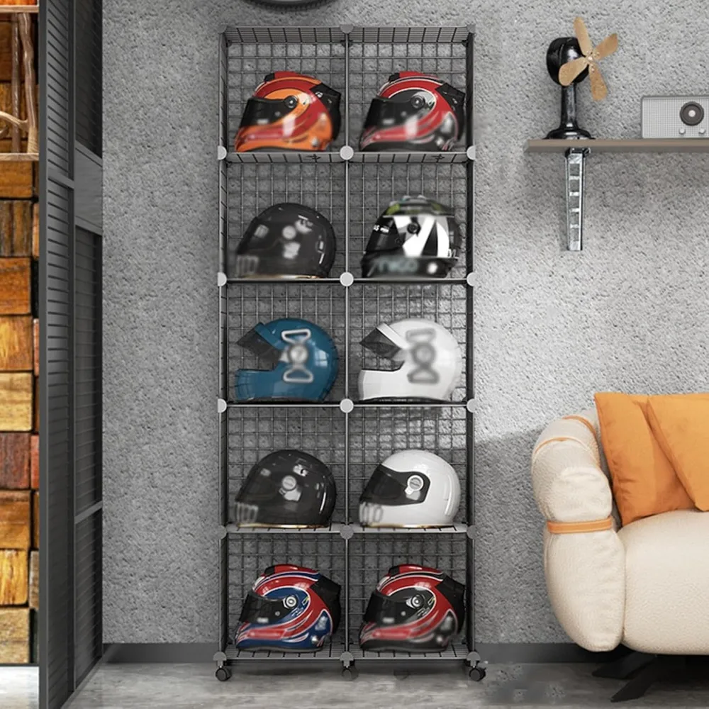 

Metal Helmet Display Stand Motorcycle Helmet Storage Cabinet,Modern Retail Stackable Hat Rack Display Case,Wire Cube Storage