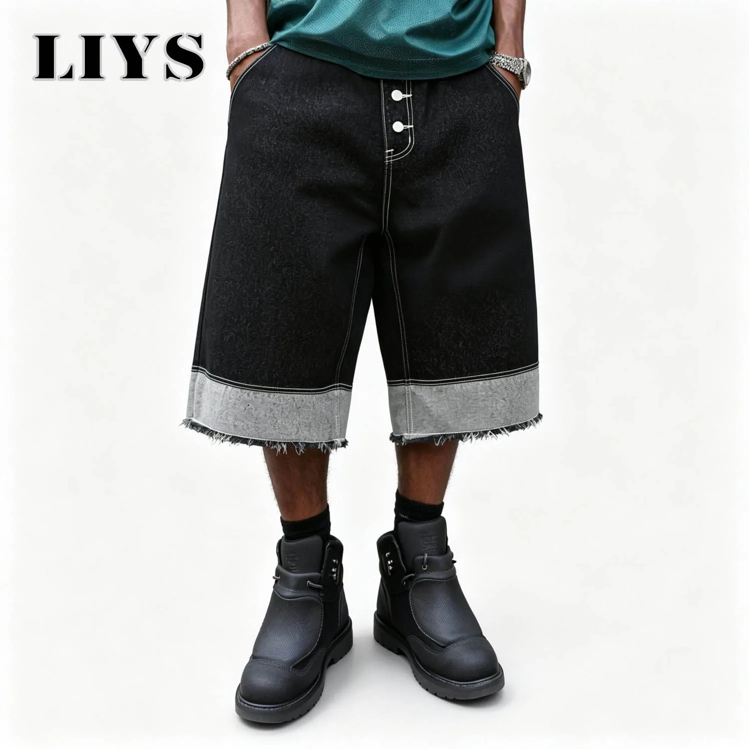 Men's Wide Leg Baggy Denim Shorts Black Washed Frayed Raw Hem Loose Jean Shorts Streetwear Y2K Hip Hop Summer Casual Jorts