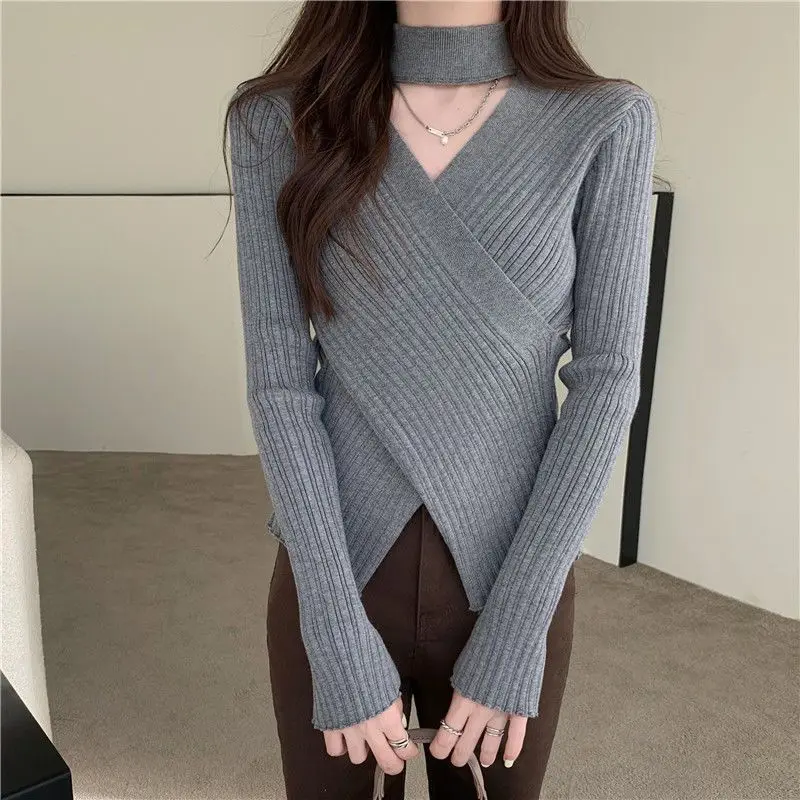Sexy Hollow Out Slim Knitting Pullovers Tops Autumn Winter New Long Sleeve Solid Irregular Sweaters Y2K Fashion Women Clothing