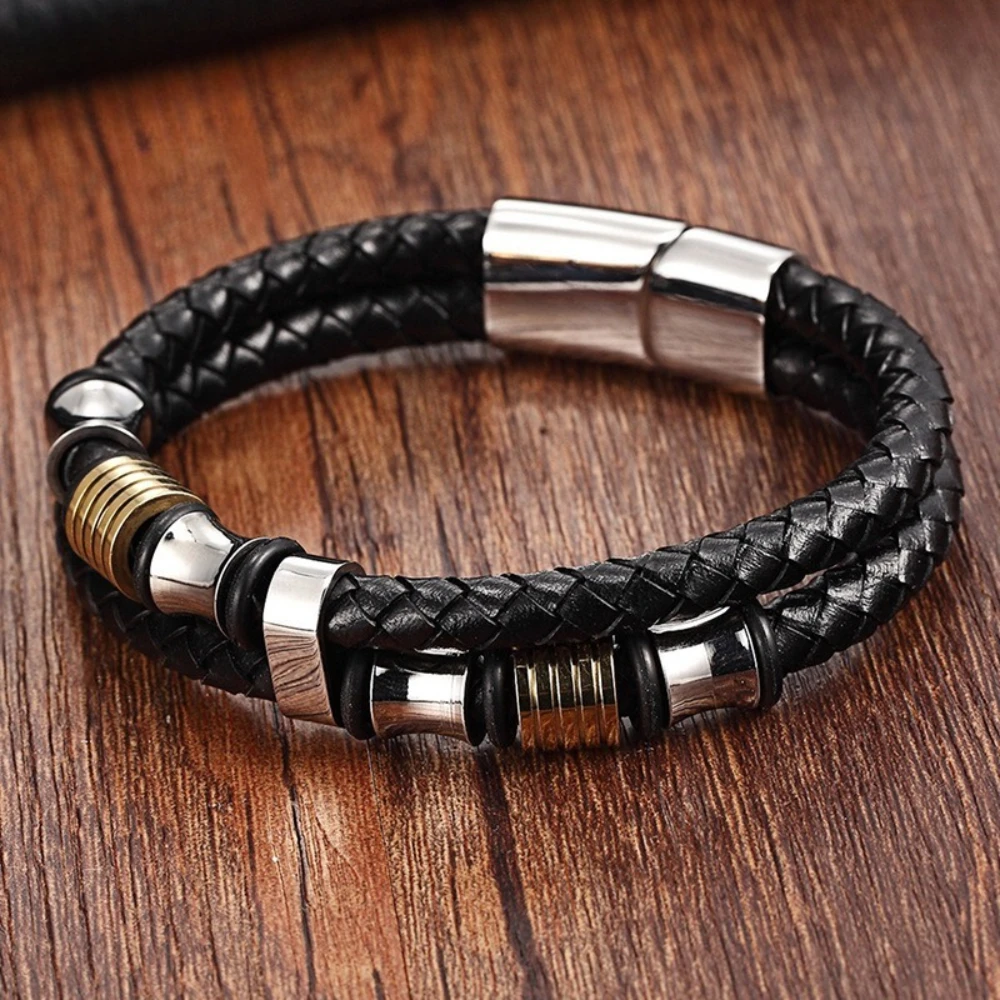 Männer Zweireihige Gewebte Leder Armbänder Armband Edelstahl Glück Perlen Armband Mode Schmuck Zubehör – Detail 2
