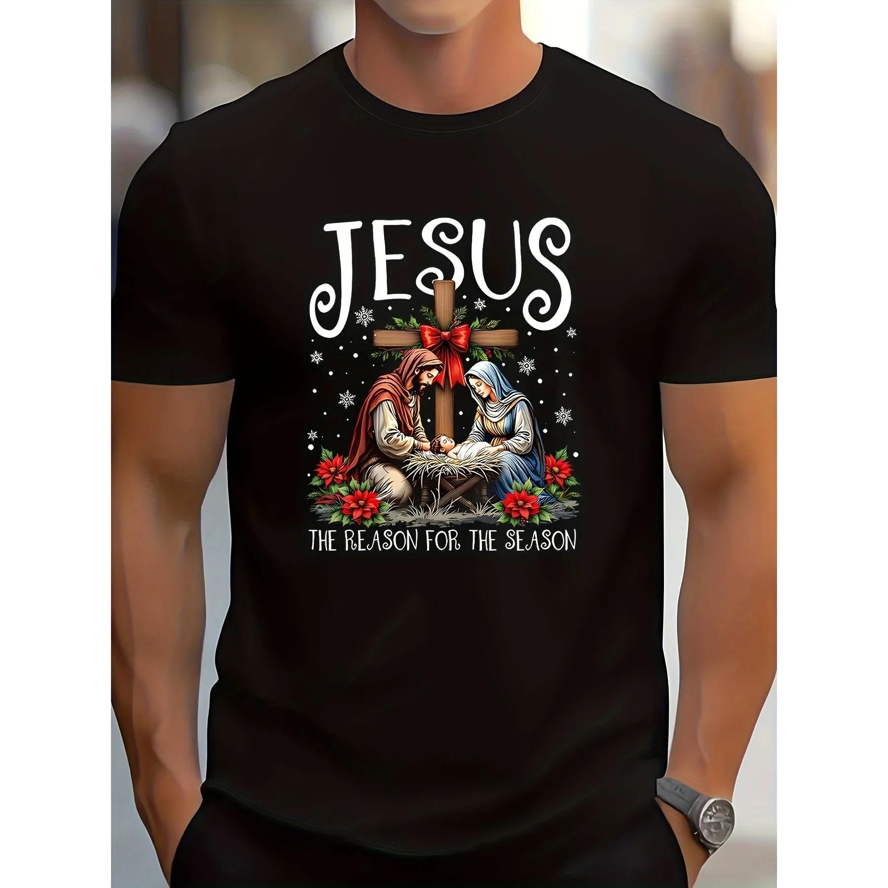 Jesus The Reason For The Season Nativity Graphic T-Shirt Men's Cotton Crew Neck Christian Tee Christmas Gift