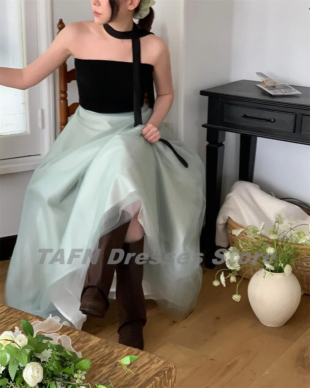 TAFN Korea Photo Shooting Dresses Strapless Soft Green Pleat Evening Party Dresses Floor-Length Patchwork 이브닝 파티 드레스 Customized