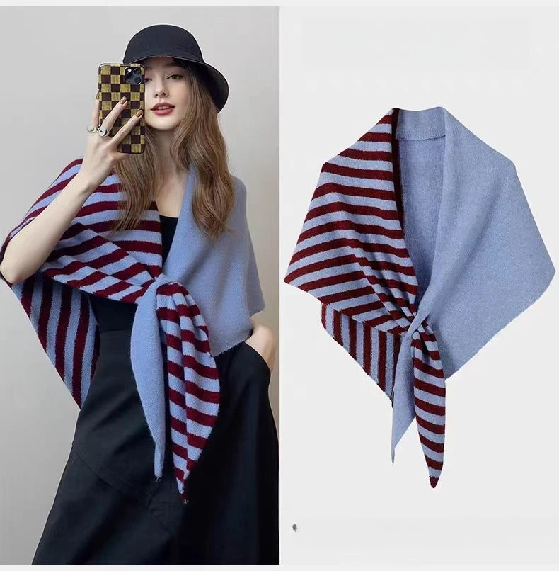 Wool Blend Triangle Shawl for Women Color Block Striped Knit Warm Winter Scarf Shoulder Wrap for Layering