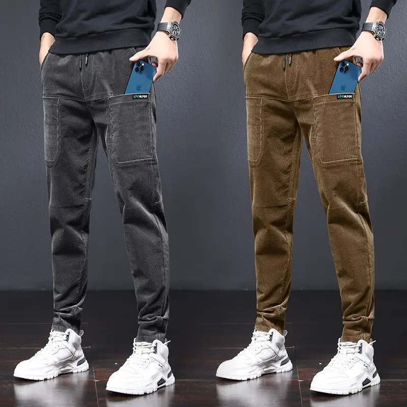 Men's Spring Autumn Elastic Waist Cotton Casual Pants with Six Pockets Loose Straight Pants Corduroy Business Trousers Male