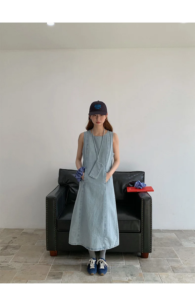 Kamizelka Sukienki dla kobiet Denim Długa sukienka Okrągły kołnierz Bez rękawów Distressed Vintage Vestidos 2025 Kobieta Streetwear A Line