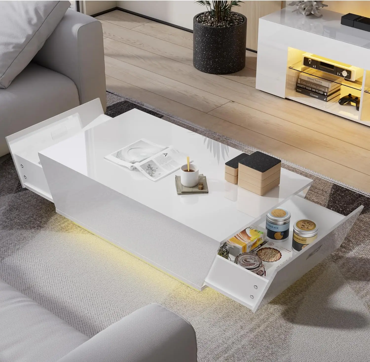 Cozy Castle High Gloss Coffee Table with LED, Modern Center Table with 2 Large Hidden Storage Drawers for Living Room, White