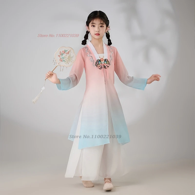 2025 traje de Baile Folclórico tradicional chino para niños puesta en escena tops de color degradado + Pantalones conjunto de baile bordado de flores