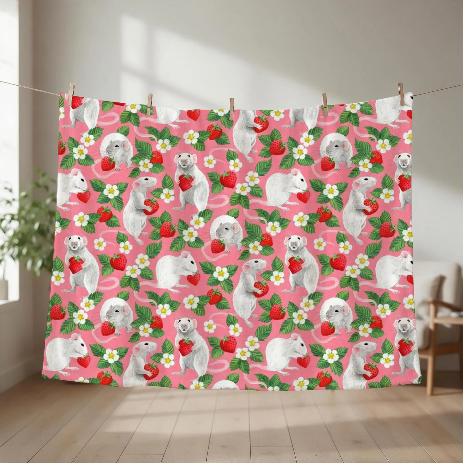 Rats Love Strawberries on bright pink Throw Blanket couch cozy soft plush fuzzy picnic outdoor blanket