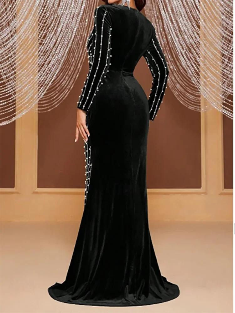 Classic V-Neck Beading Pearls Side Split Mermiad Evening Dresses Birthday Party Prom Gowns Customized
